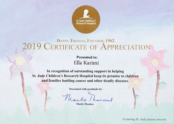2019 St. Jude's Hospital certificate of appreciation
